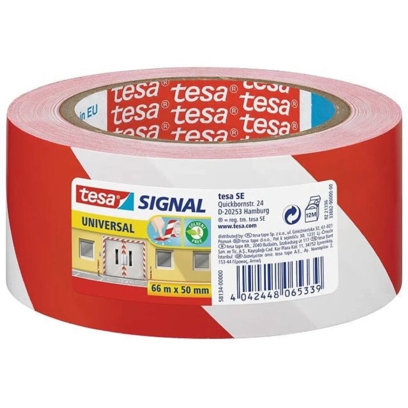Tesa Adhesive Marking Tape 50mm x 66m - Ideal for Marking Permanent Obstacles - Solvent-free Adhesive - Color Red/White