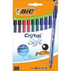 Pack de 10 Stylos Bille Bic Cristal Soft - Pointe Moyenne 1,2 mm - Course 0,45 mm - Écriture plus fluide - Couleurs Assorties