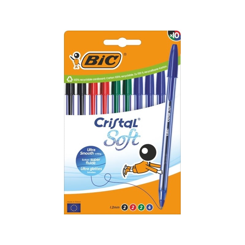 Bic Cristal Soft Pack of 10 Ballpoint Pens - 1,2mm Medium Point - 0,45mm Stroke - More Fluid Writing - Assorted Colors