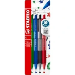 Stabilo Pointball Colorful Pack de 4 Boligrafos Retractiles - Trazo 0.5mm - Hechos con 87% Bioplastico - Grip Antideslizante