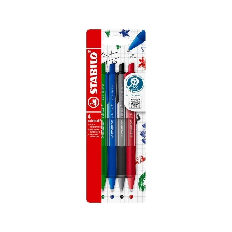 Stabilo Pointball Colorful Pack de 4 Boligrafos Retractiles - Trazo 0.5mm - Hechos con 87% Bioplastico - Grip Antideslizante