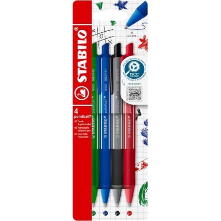 Stabilo Pointball Colorful Pack de 4 Boligrafos Retractiles - Trazo 0.5mm - Hechos con 87% Bioplastico - Grip Antideslizante
