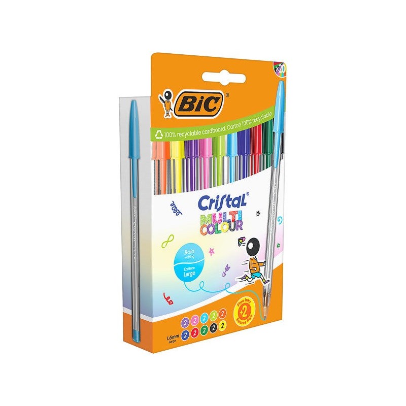 Bic Cristal Multicor Pacote de 20 Canetas Esferográficas - Ponta 1,6mm - Linha 0,42mm - Tinta à Base de Óleo - Cores Sortidas