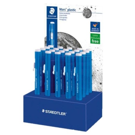 Staedtler Mars Plastic 528 50 Expositor con 20 Portagomas en Forma de Lapiz - Con Cursor para Deslizar la Goma - Sin Ftalatos