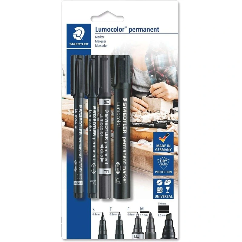 Staedtler Lumocolor Permanent Pack with 4 Permanent Markers - Different Tips - Waterproof - Refillable - Color Black