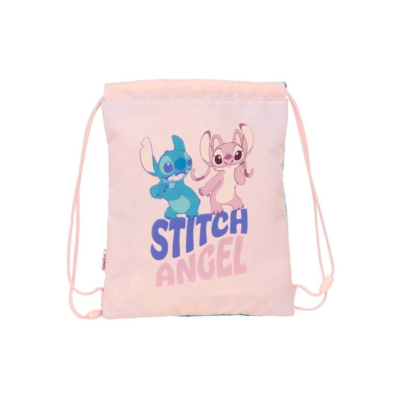 Bolsa Plana Safta Stitch Ohana - Bolso com Zíper - Fecho com Cordão - 3L - 260x10x340mm - Cor Rosa Pastel