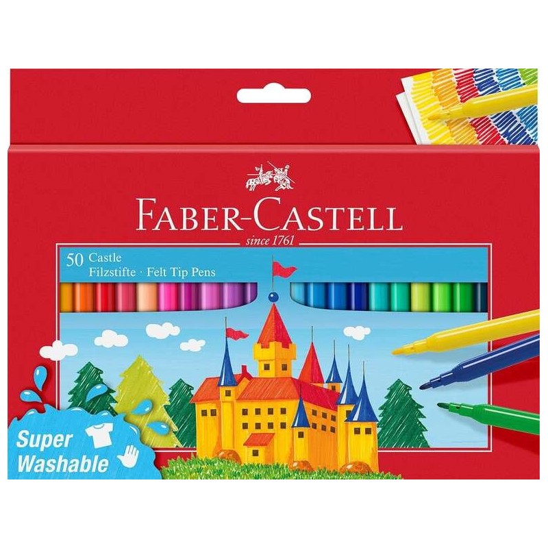 Faber-Castell Castle Lot de 50 marqueurs - Encre lavable à base d'eau - Couleurs assorties