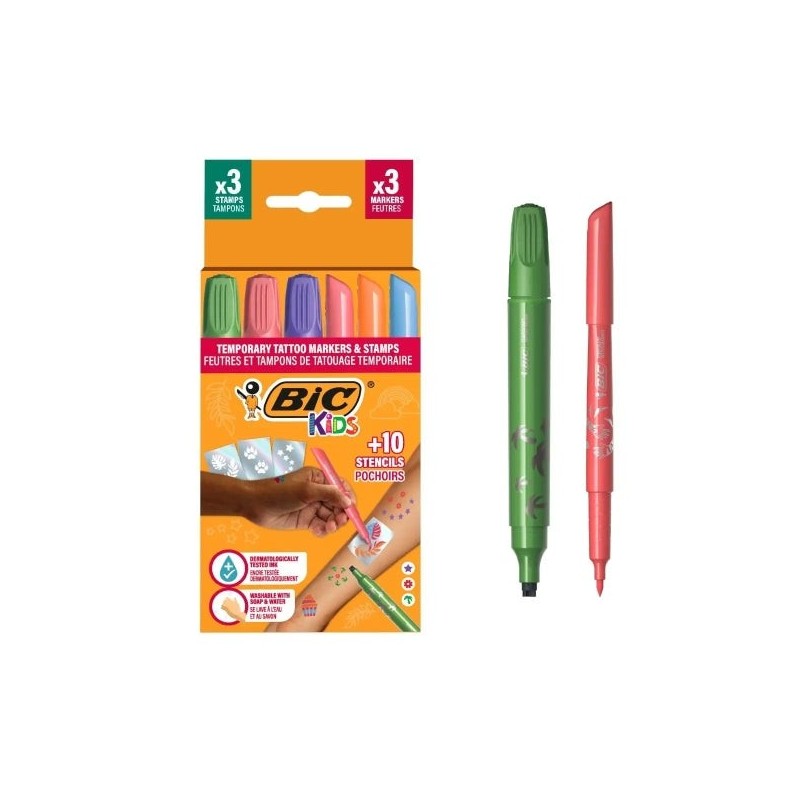 Pacote de tatuagens temporárias Bic Kids com 3 selos + 3 marcadores + 10 estênceis - Tinta dermatologicamente testada e sem