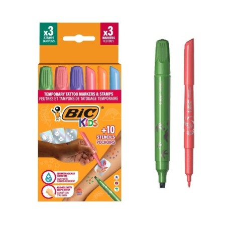 Bic Kids Temporary Tattoos Pack de 3 Tampons + 3 Marqueurs + 10 Pochoirs - Encre Testée Dermatologiquement et Non Parfumée