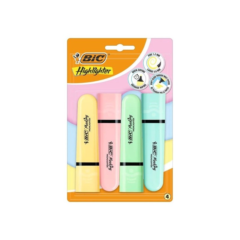 Bic Marking Highlighter Flat Pastel Pack de 4 Marcadores Fluorescentes - Punta Biselada - Trazo entre 1.20 y 4.60 mm - Tinta