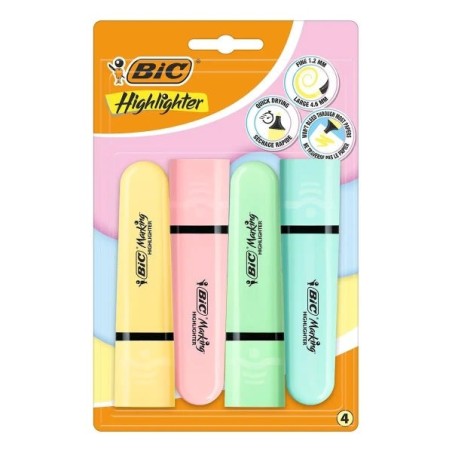 Bic Marking Highlighter Flat Pastel Pack of 4 Fluorescent Markers - Chisel Tip - Line between 1,20 and 4,60 mm - Water-Based