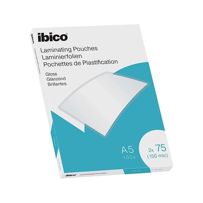 Ibico Caja de 100 Laminas para Plastificar Gloss A5 75 Micras - Acabado Brillante - Plastifica Papel, Fotos, Tarjetas de