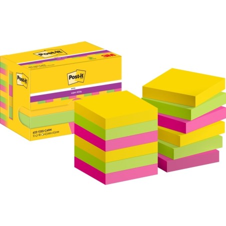 Post-It Super Sticky Pack de 12 Blocs de 90 Notas Adhesivas Reposicionables 47.6x47.6mm - Forma Cuadrada - Caja Dispensadora