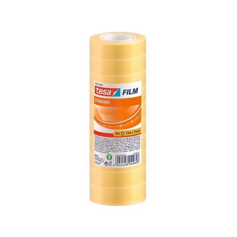 Tesa Tesafilm Standard Pack de 10 Rubans Autocollants Transparents 15mmx33m - Bonne Adhérence et Haute Résistance aux Lumières