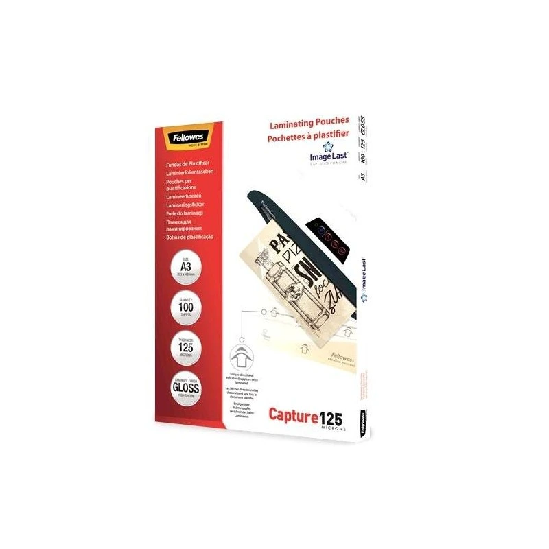 Fellowes Pack of 100 A3 Glossy Laminating Sleeves - 125 Microns - High Quality - Transparent