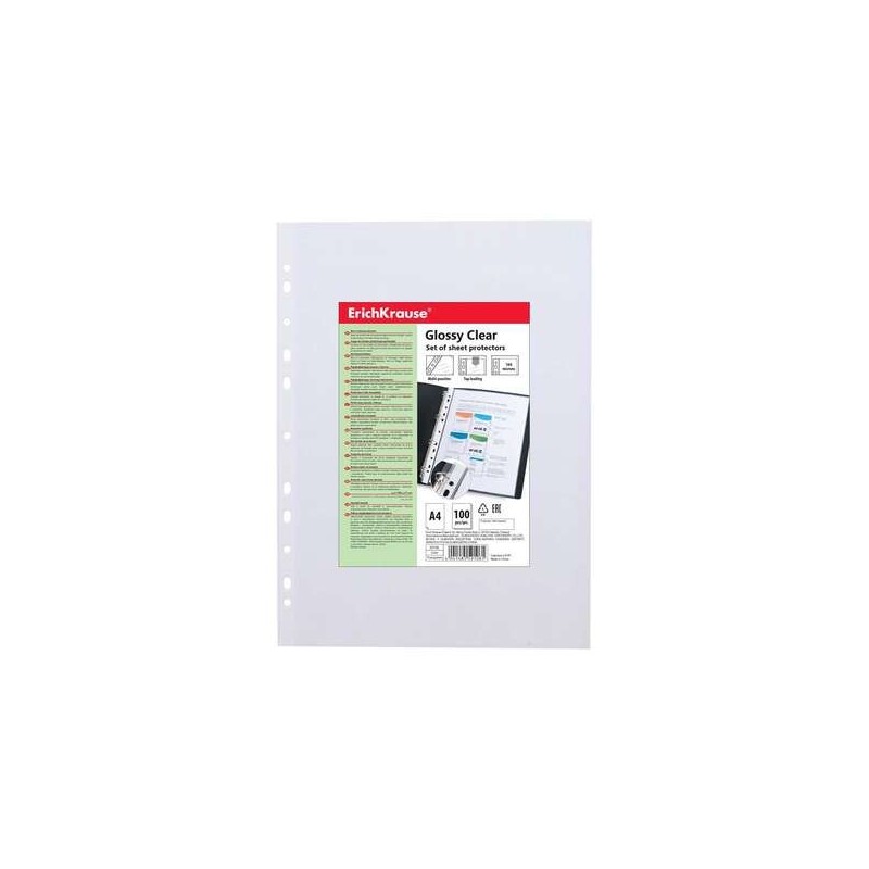 Erichkrause Glossy Clear Pack de 100 Fundas Multitaladro A4 100mic - 11 Taladros - Acabado Brillante Transparente