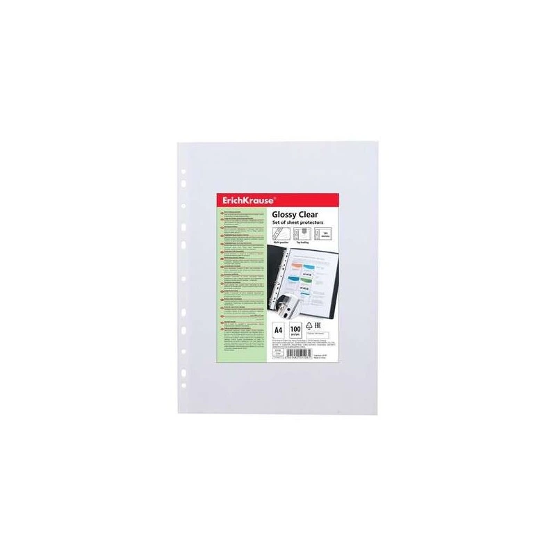 Erichkrause Glossy Clear Pack de 100 Fundas Multitaladro A4 100mic - 11 Taladros - Acabado Brillante Transparente