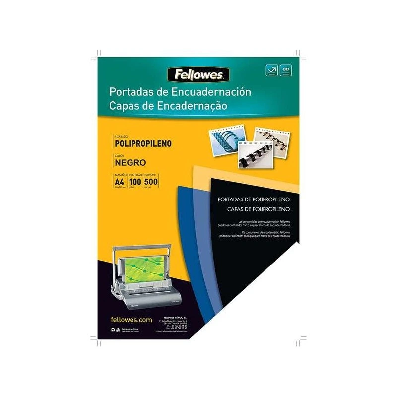 Fellowes Pack of 100 A4 Polypropylene Covers - 500 Microns - Quality Finish - Black Color