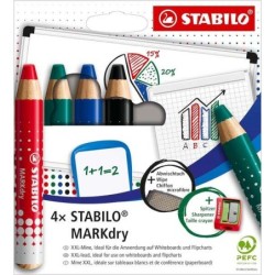 Stabilo MARKdry Pack de 4 Marqueurs pour Tableau Blanc + Taille-Crayon + Chiffon de Nettoyage - Mine XXL 10mm - Bois Certifié