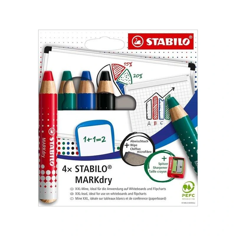 Stabilo MARKdry Pack of 4 Whiteboard Markers + Pencil Sharpener + Cleaning Cloth - 10mm XXL Lead - 100% CFRP Certified Wood