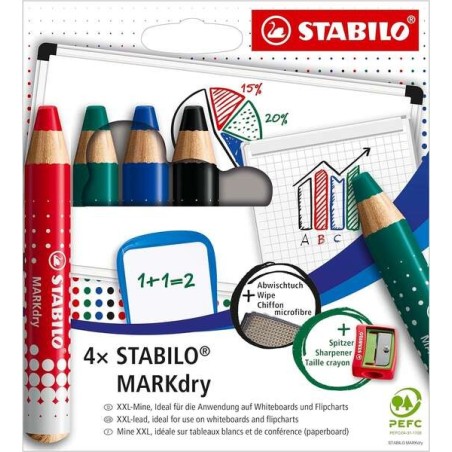 Stabilo MARKdry Pack de 4 Marqueurs pour Tableau Blanc + Taille-Crayon + Chiffon de Nettoyage - Mine XXL 10mm - Bois Certifié