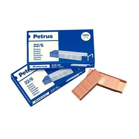 Petrus Pack de 4 Cajas de 1000 Grapas 22/6 Cobreadas - Hasta 30 Hojas - Patilla de 6mm