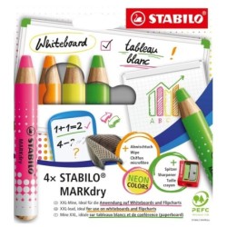 Stabilo MARKdry Neon Pacote de 4 marcadores de quadro branco + afia-lápis + pano de limpeza - Mina XXL 10mm - Madeira