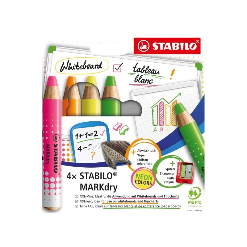 Stabilo MARKdry Neon Pacote de 4 marcadores de quadro branco + afia-lápis + pano de limpeza - Mina XXL 10mm - Madeira