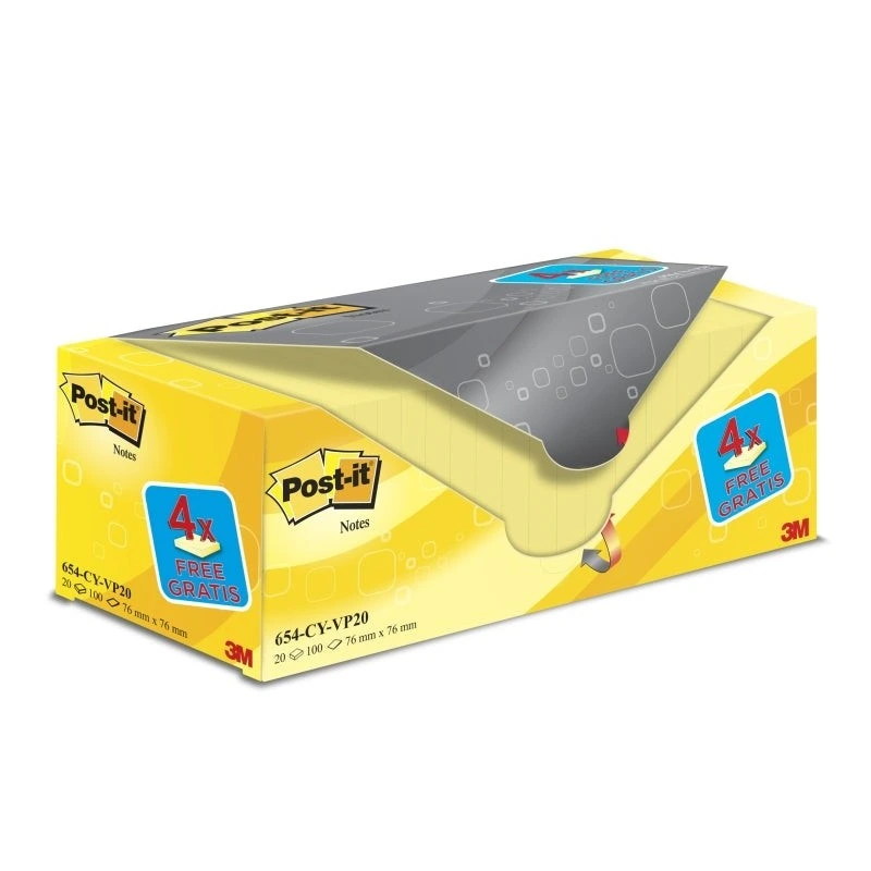 Pacote Post-It de 20 Blocos de 100 Notas Autoadesivas Reposicionáveis ​​- Formato Quadrado - 76x76mm - Cor Amarelo Claro