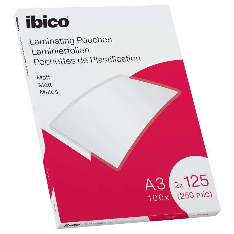 Ibico Caja de 100 Laminas de Plastificar Mate A3 125 Micras - Superficie Mate - Plastifica Papel, Fotos, Tarjetas de Visita