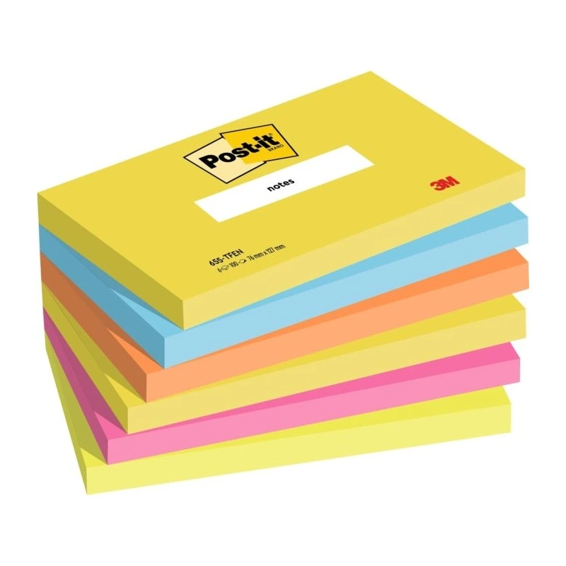 Pacote Post-It de 6 Blocos de 100 Notas Autoadesivas Reposicionáveis ​​- Formato Retangular - 76x127mm - Cores Sortidas