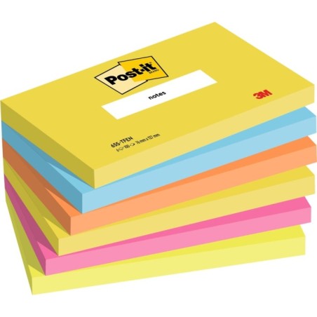 Pacote Post-It de 6 Blocos de 100 Notas Autoadesivas Reposicionáveis ​​- Formato Retangular - 76x127mm - Cores Sortidas
