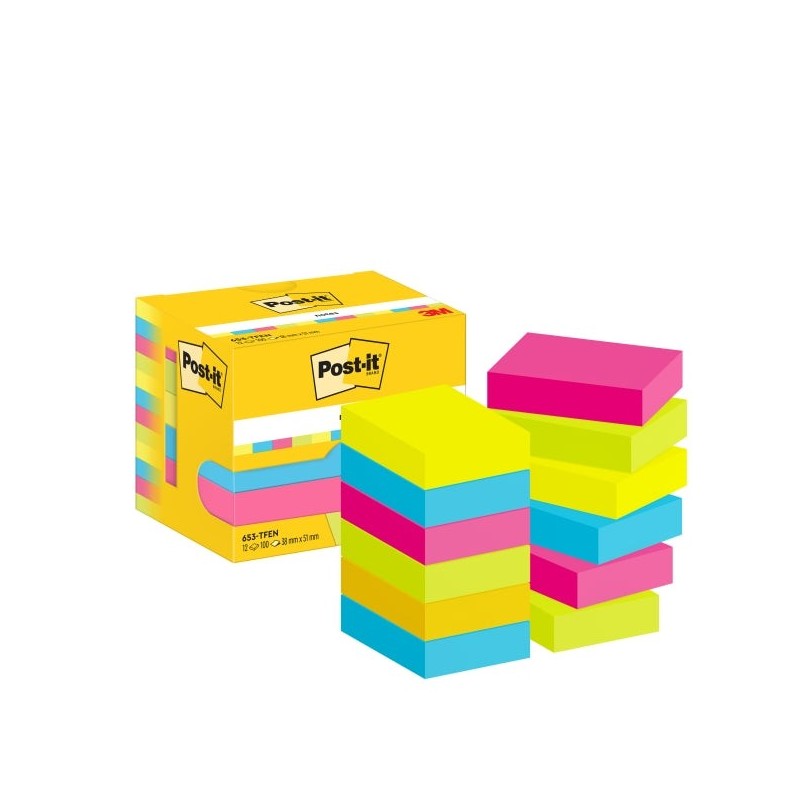 Pacote Post-It de 12 Blocos de 100 Notas Autoadesivas Reposicionáveis ​​38x51mm - Formato Retangular - Caixa Dispensadora