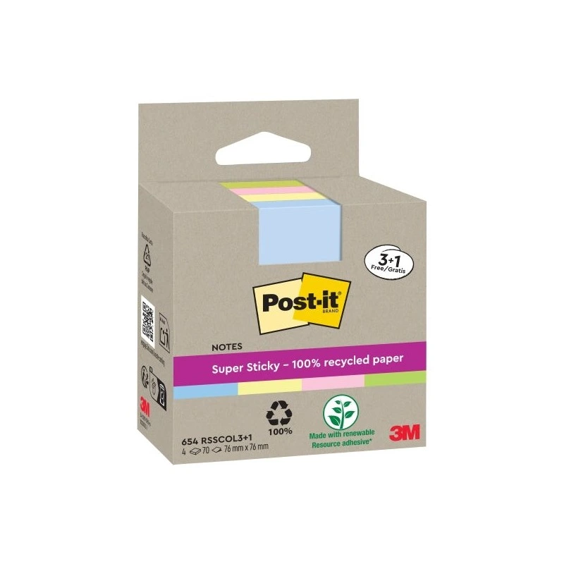 Pacote Post-It Super Sticky com 4 blocos de 70 notas adesivas recicladas - formato quadrado - 76x76mm - cores sortidas