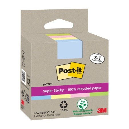 Pacote Post-It Super Sticky com 4 blocos de 70 notas adesivas recicladas - formato quadrado - 76x76mm - cores sortidas