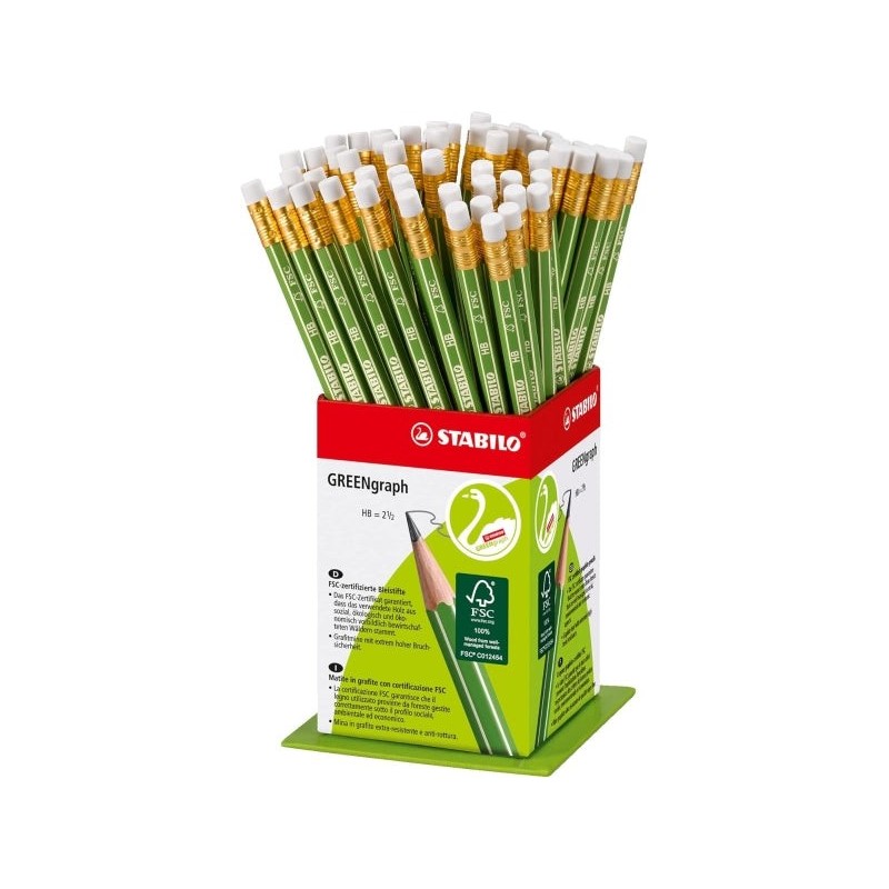 Stabilo GREENgraph Expositor con 60 Lapices de Grafito con Goma - Mina HB 2.2mm - 100% Madera Cultivada de Forma Sostenible