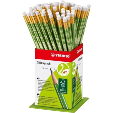 Présentoir Stabilo GREENgraph avec 60 crayons graphite avec caoutchouc - Mine HB 2,2 mm - Bois 100 % cultivé de manière durable