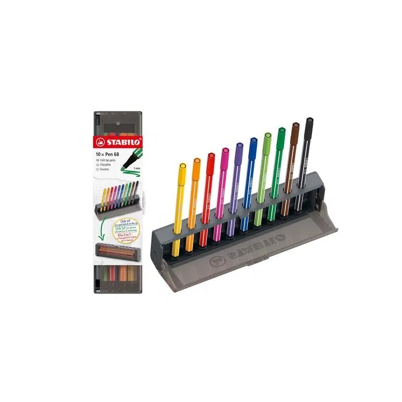 Conjunto de mesa Stabilo Pen 68 com 10 marcadores de ponta de fibra - Aprox. Curso de 1mm. - Tinta à base de água - Cores