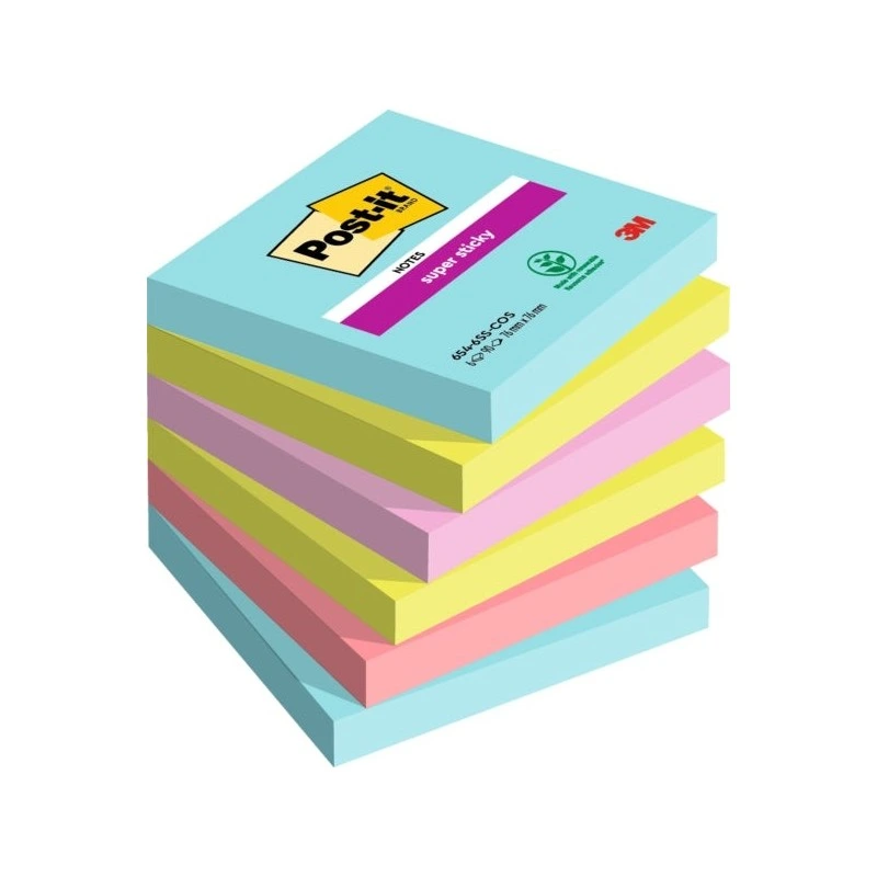 Post-It Super Sticky Pack de 6 Blocs de 90 Notes Autocollantes Repositionnables - Forme Carrée - 76x76mm - Couleurs Assorties