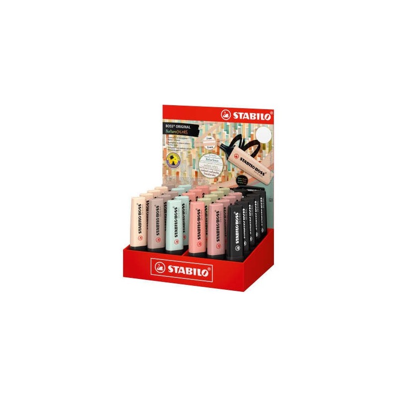 Présentoir de 30 marqueurs Stabilo Boss Naturecolors - Trait entre 2 et 5 mm - Encre à base d'eau - Couleurs Sienne, Beige