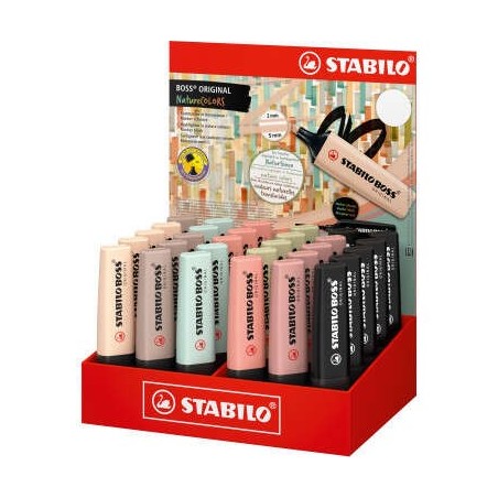 Présentoir de 30 marqueurs Stabilo Boss Naturecolors - Trait entre 2 et 5 mm - Encre à base d'eau - Couleurs Sienne, Beige