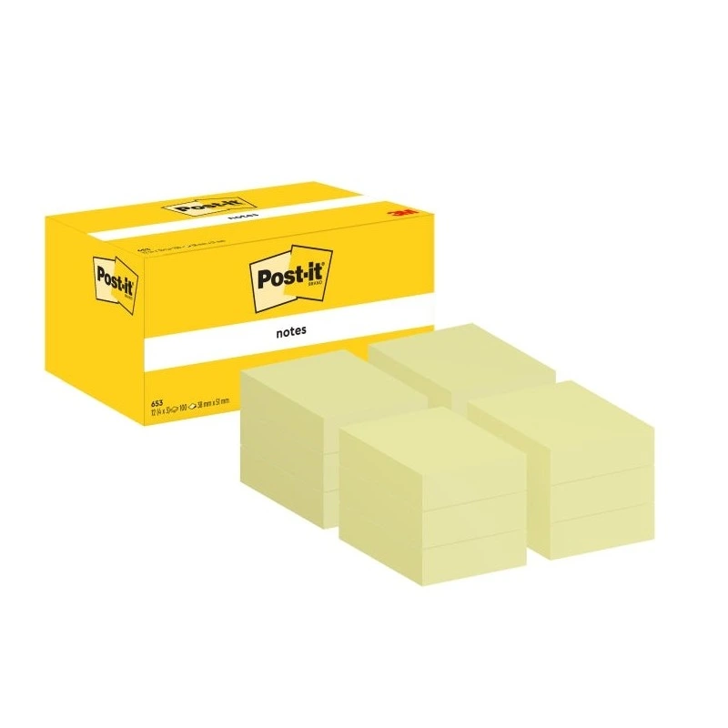 Pacote Post-It de 12 Blocos de 100 Notas Autoadesivas Reposicionáveis ​​38x51mm - Formato Retangular - Cor Amarelo Claro