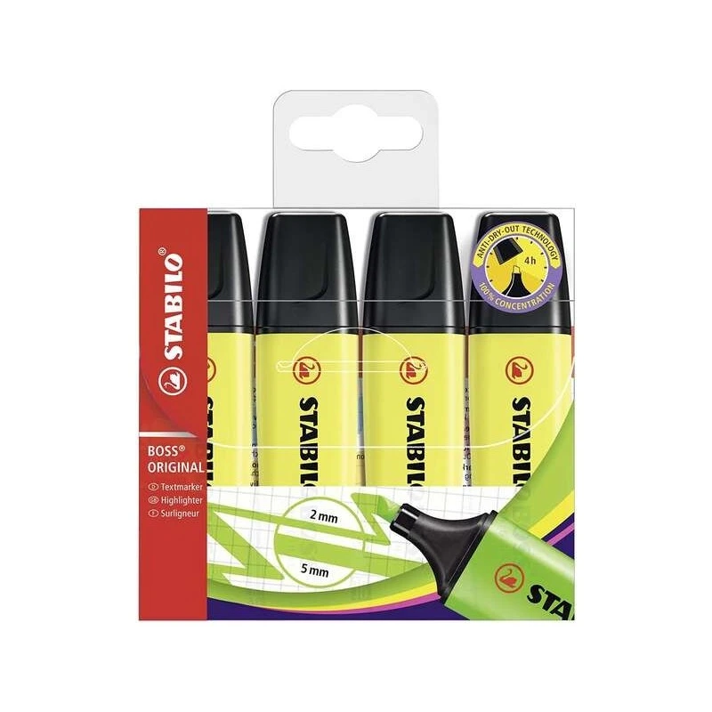 Stabilo Boss 70 Pack of 4 Fluorescent Markers - Line between 2 and 5mm - Refillable - Water-Based Ink - Fluorescent Yellow Color