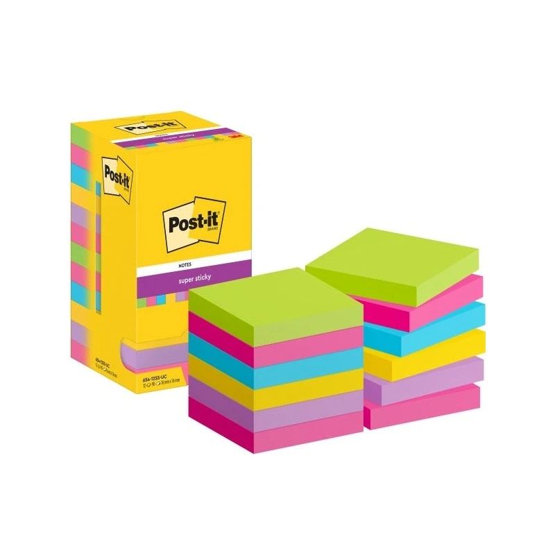Post-It Super Sticky Pack de 12 Blocs de 90 Notes Autocollantes Repositionnables - Forme Carrée - 76x76mm - Couleurs Assorties
