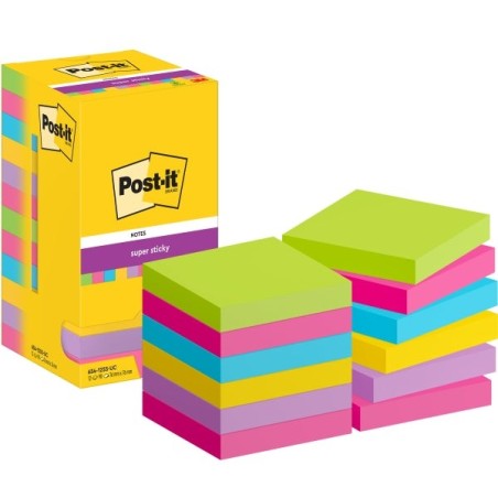 Post-It Super Sticky Pack de 12 Blocs de 90 Notes Autocollantes Repositionnables - Forme Carrée - 76x76mm - Couleurs Assorties