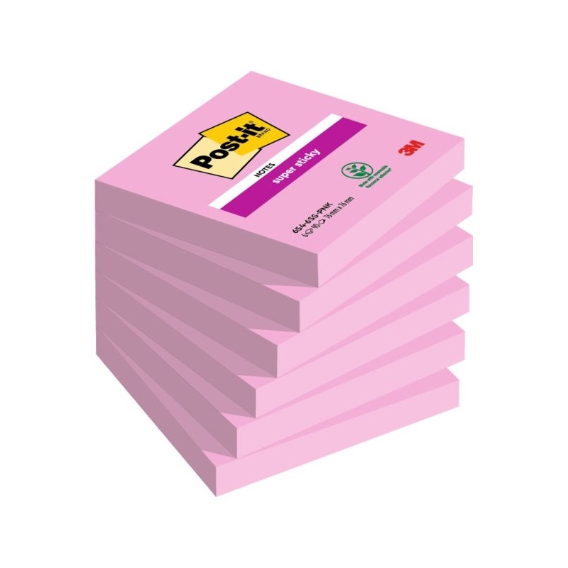 Post-It Super Sticky Pack of 6 Pads of 90 Repositionable Sticky Notes - 76x76mm - 100% PEFC - Pink Color