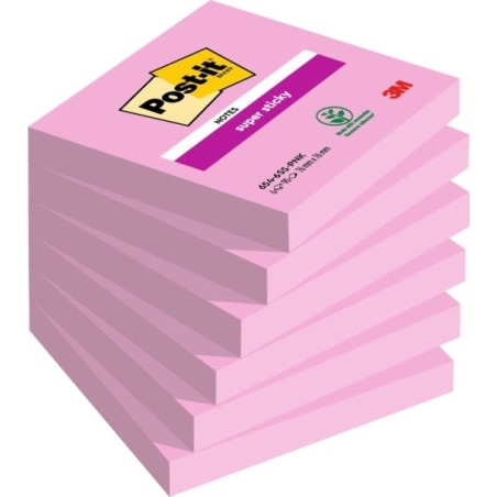 Post-It Super Sticky Pack of 6 Pads of 90 Repositionable Sticky Notes - 76x76mm - 100% PEFC - Pink Color