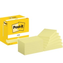 Post-It Pack of 12 Pads of 100 Repositionable Sticky Notes - Rectangular Shape - 76x127mm - Light Yellow Color