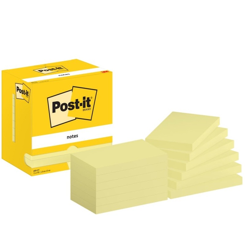 Post-It Pack of 12 Pads of 100 Repositionable Sticky Notes - Rectangular Shape - 76x127mm - Light Yellow Color