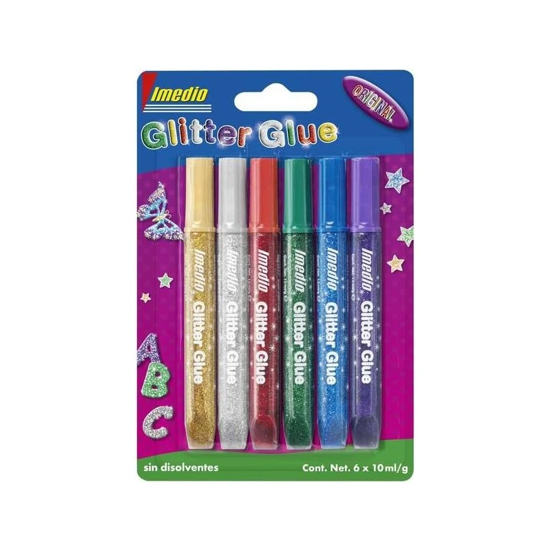 Cola Glitter Imedio "Original" Pacote de 6 Tubos de Cola Glitter 10ml - Para Diferentes Materiais - Tubo Extra Suave - Bico de